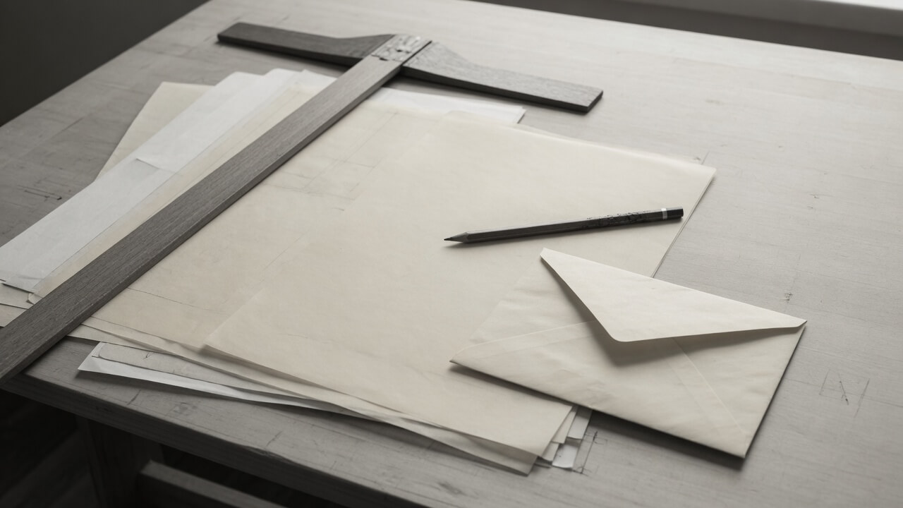 Drafting table with vellum sheets, a T-square, a pencil, and a blank envelope.